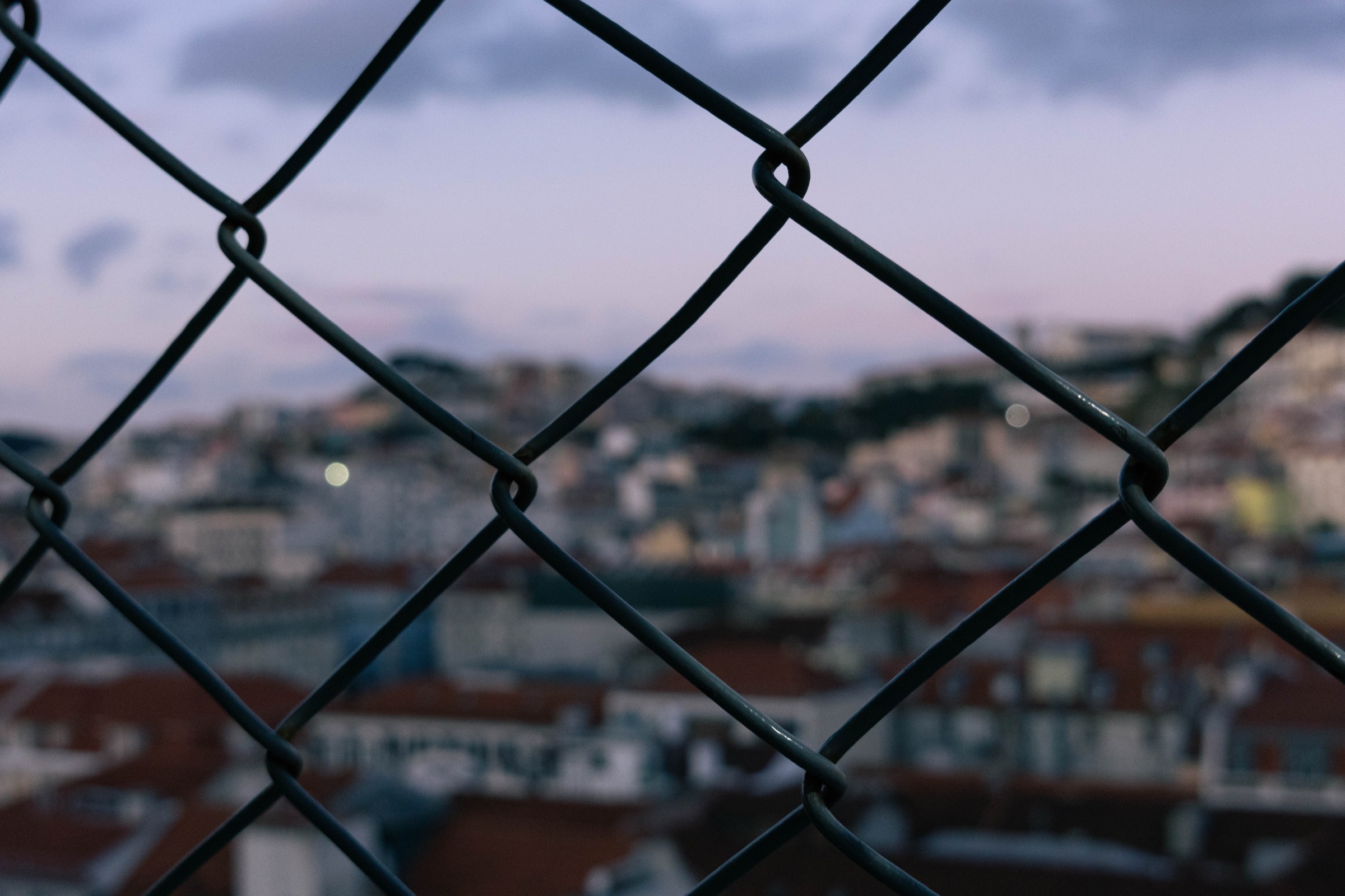 Telhados de Lisboa vistos através de uma rede ao entardecer