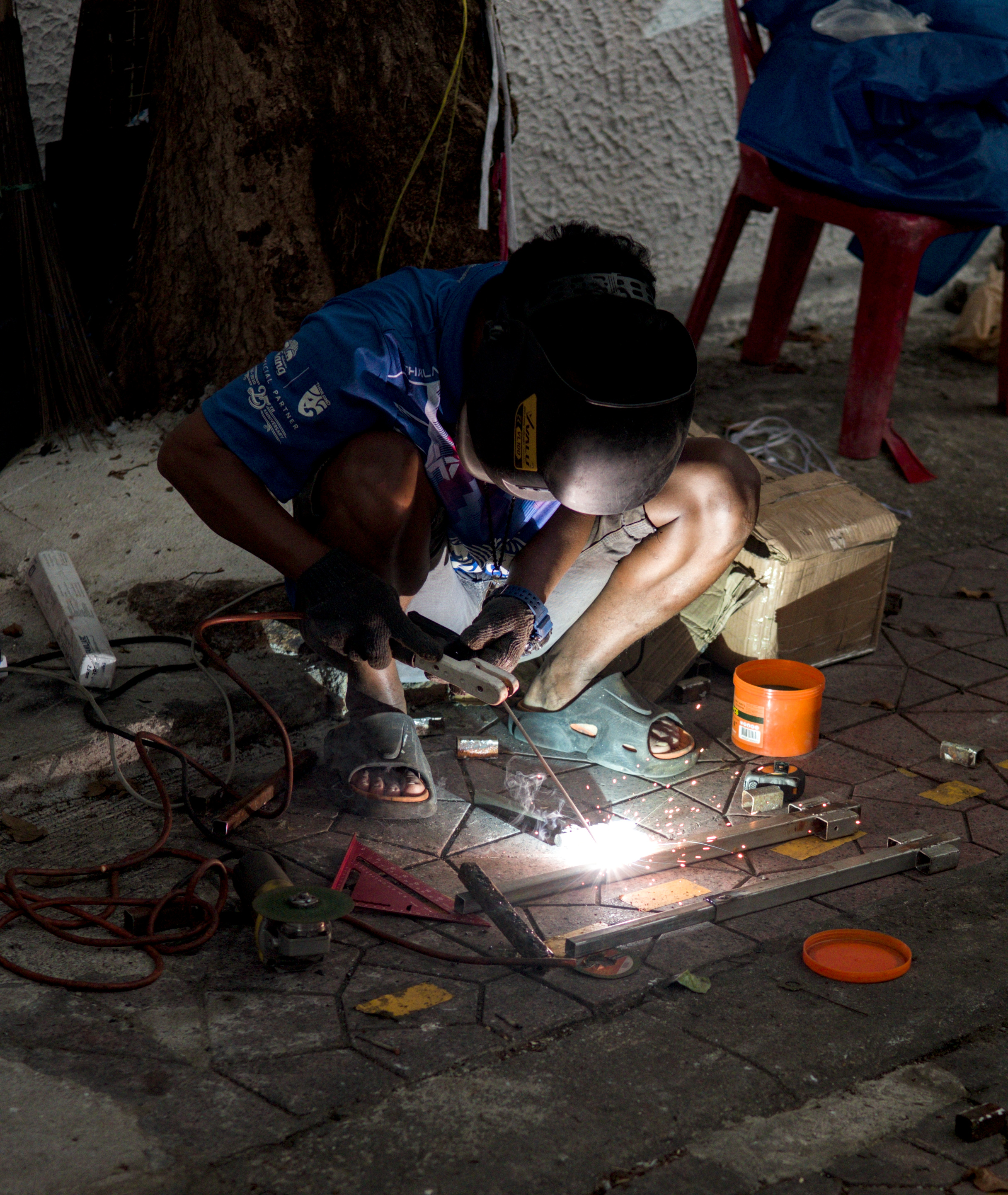 Pavement welder at night